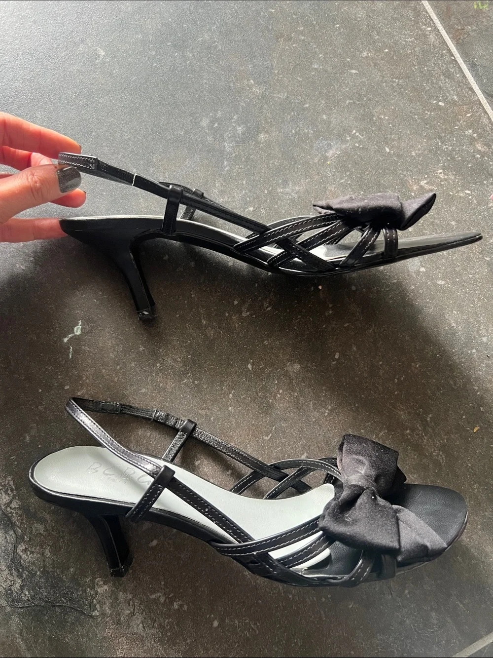 BCBG Paris leather and satin Black Bow Slingback kitten Heels